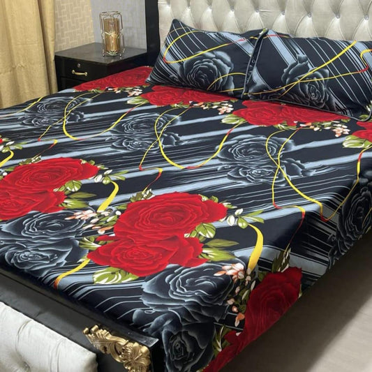 3 Pcs Crystal Cotton Printed Double Bedsheet