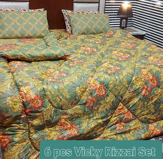 6 Pcs Cotton Salonica Printed Double Bed Razai Set