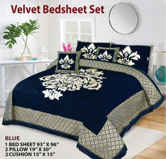 5 Pcs Velvet Jacquard Double Bedsheet Bridal Set