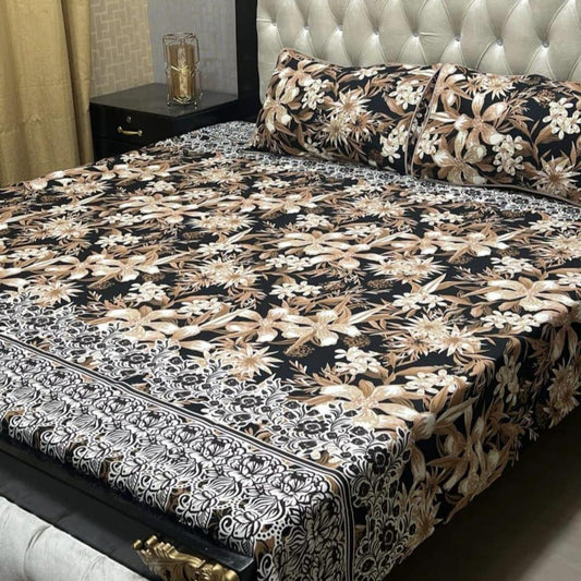 3 Pcs Crystal Cotton Printed Double Bedsheet